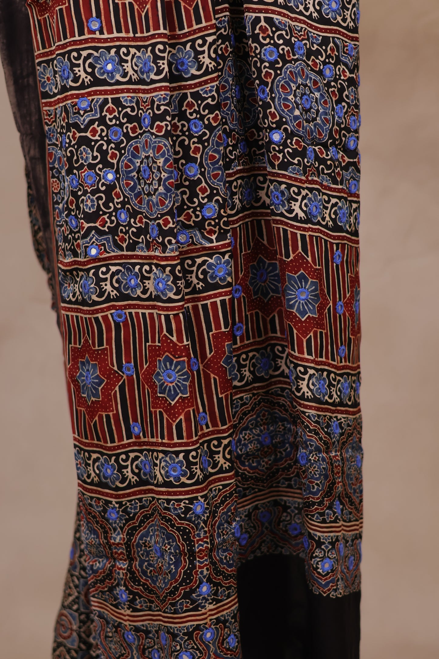 Black Handcrafted Ajrakh Modal Silk Saree with Authentic Banjara Mirror Work | Looms & Tassels