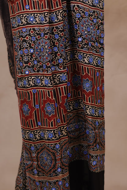 Black Handcrafted Ajrakh Modal Silk Saree with Authentic Banjara Mirror Work | Looms & Tassels