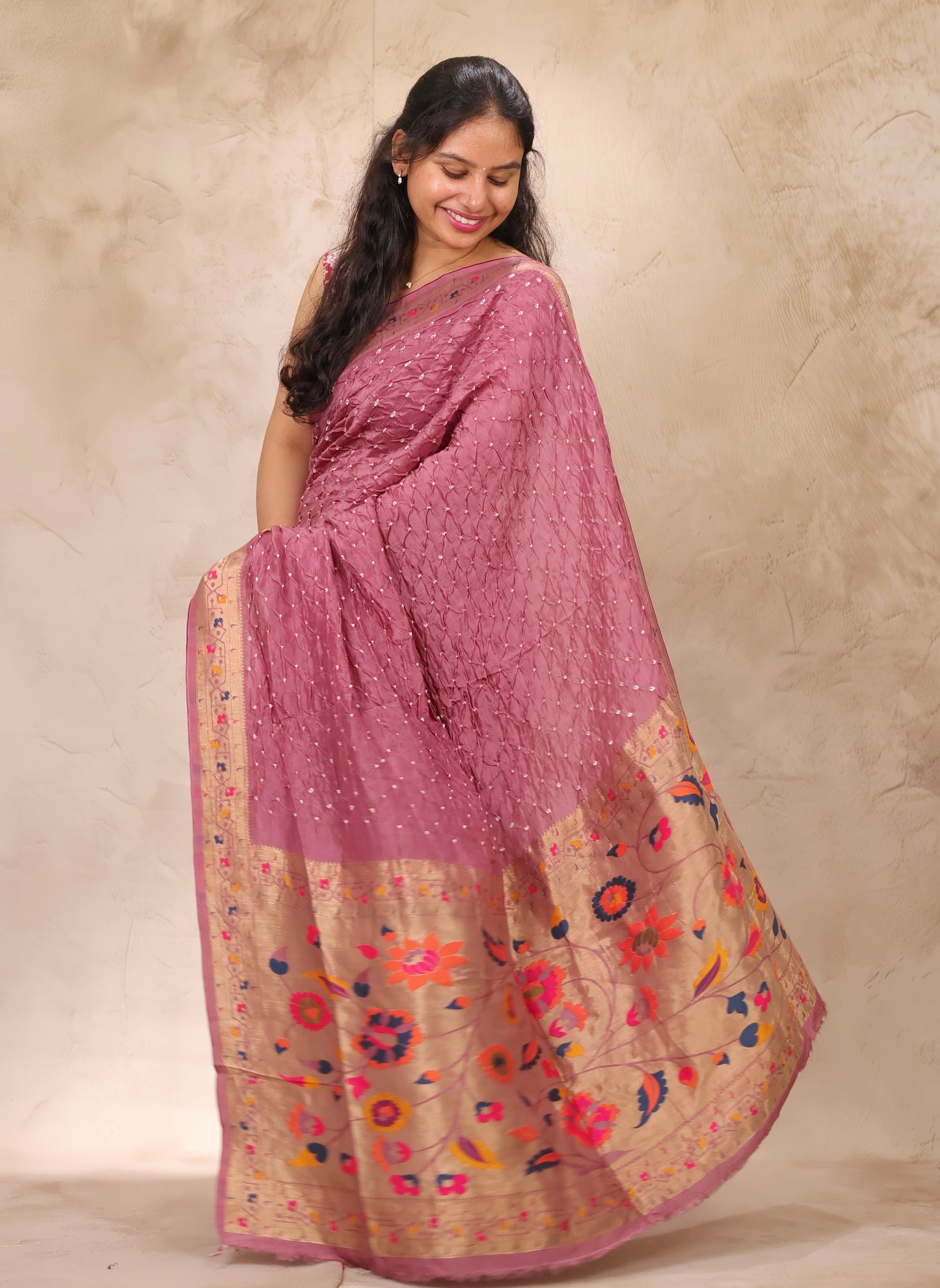 Onion Pink Handcrafted Bandhani Paithani Dola Silk Saree | Looms & Tassels