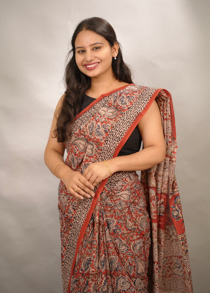 Red Hand Block Printed Kalamkari Cotton Saree | Looms & Tassels