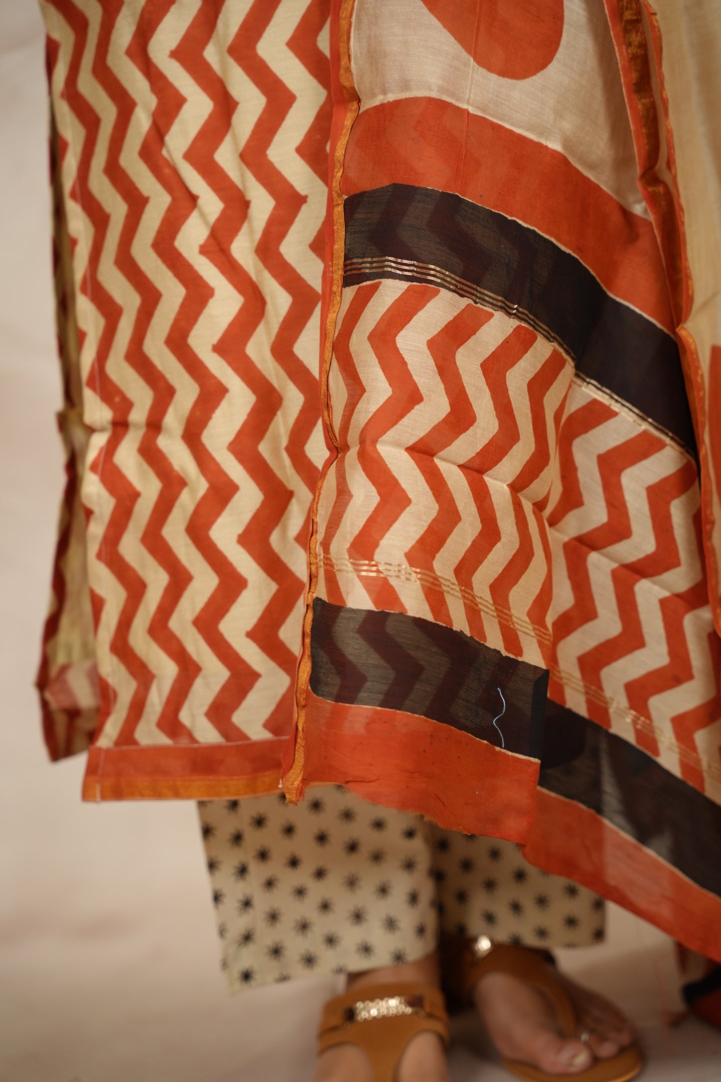 Handblock printed Pure Chenderi Silk 3 piece suit (stitched) |  Looms & Tassels