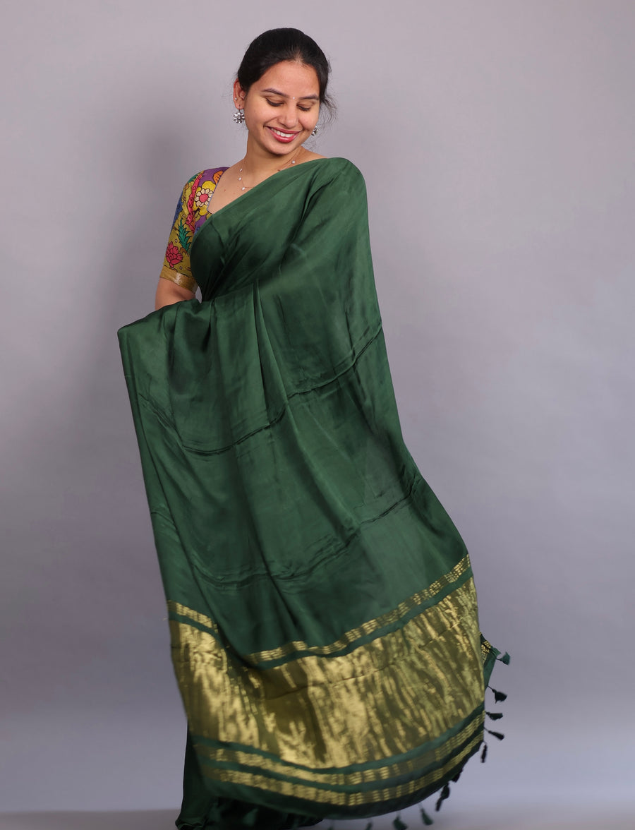 Green Plain Modal Silk Saree with Lagdi Pallu | Looms & Tassels