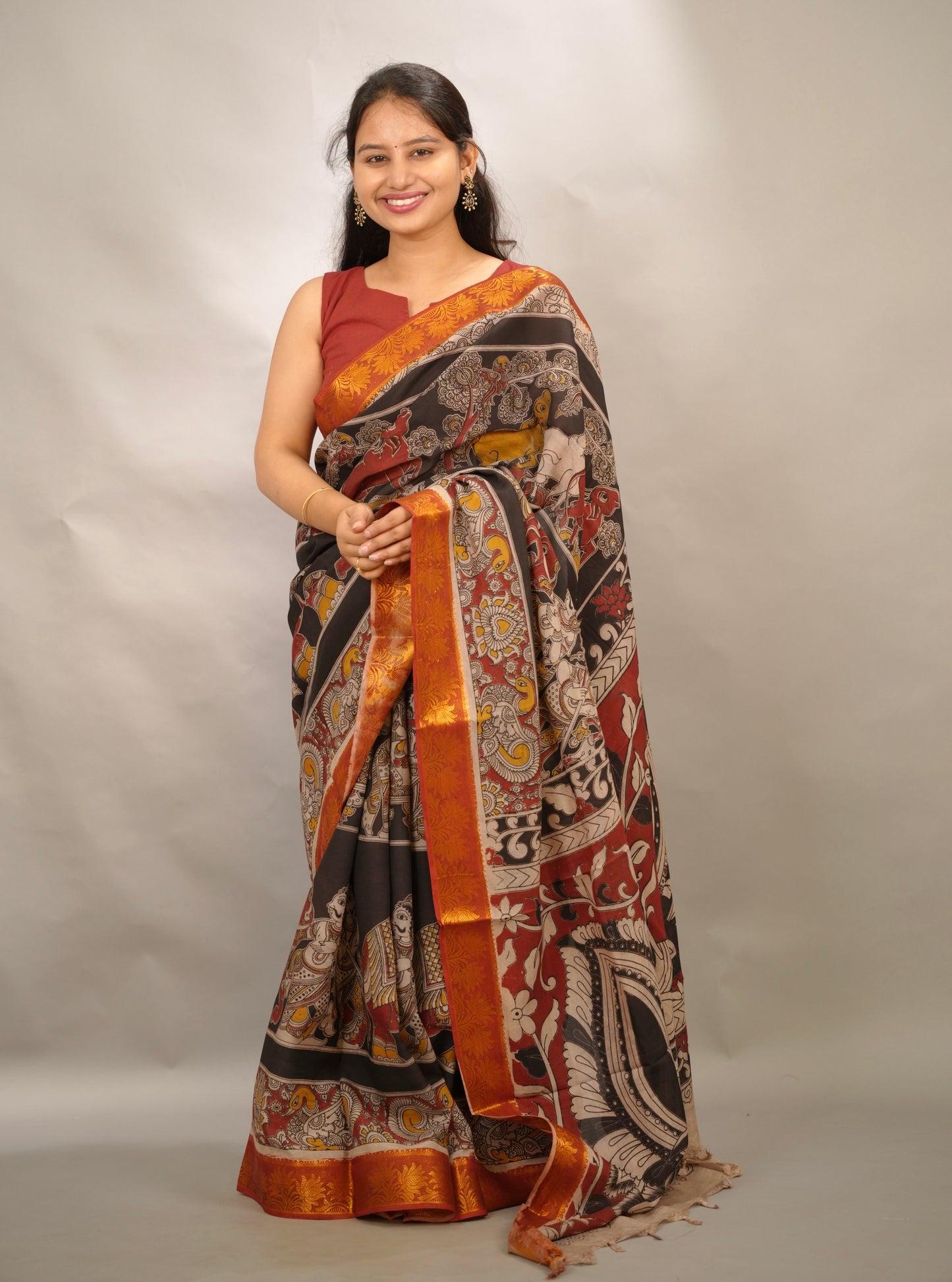 Black Kanchi border Kalamkari chennur silk saree | Looms & Tassels