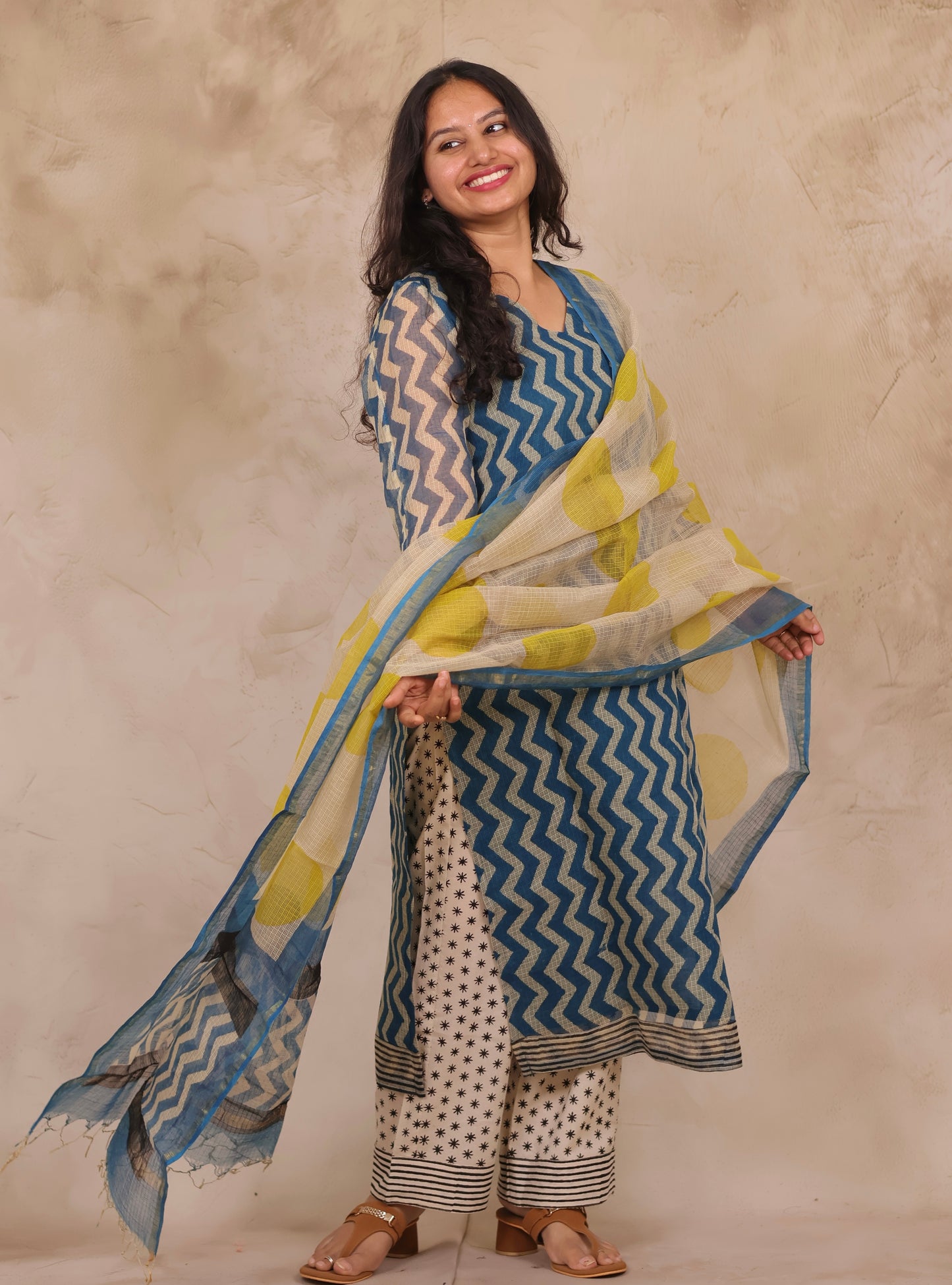 Cyan Blue Contemporary Handblock printed kota 3 piece suit (stitched)
