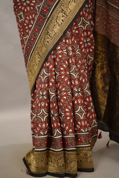 Ajrakh Handblock printed Dola Silk Saree | Looms & Tassels