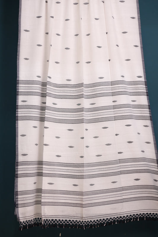 White & black Pure Handwoven Malai Cotton Saree with Butta Weaving