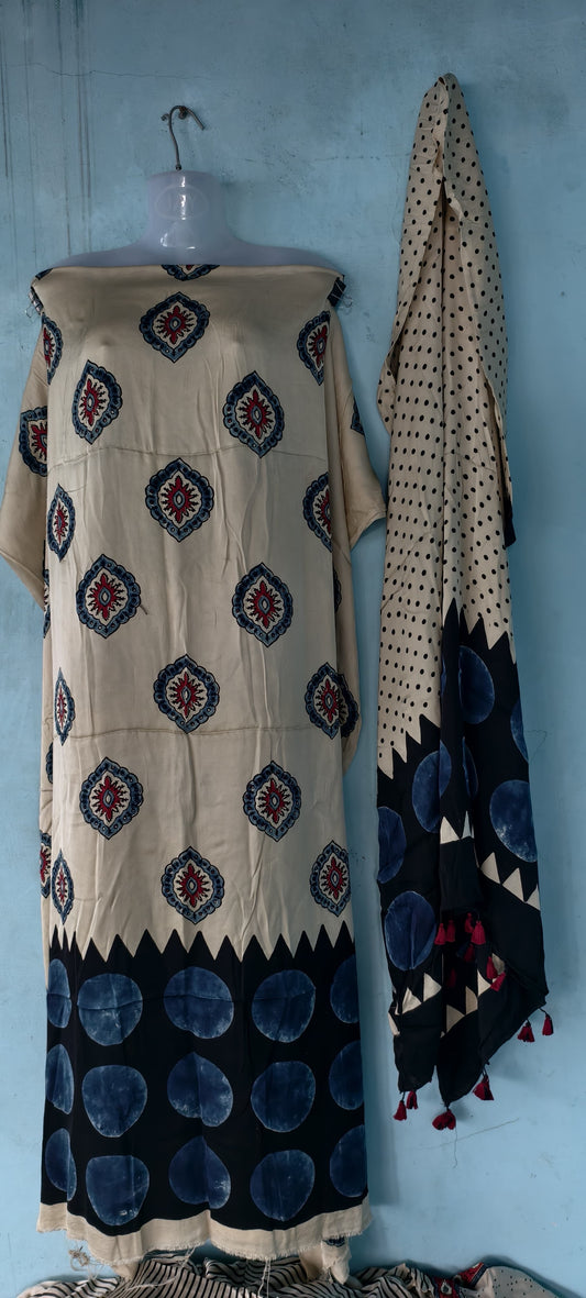 Handblock printed Ajrakh modal silk 2 piece suit set