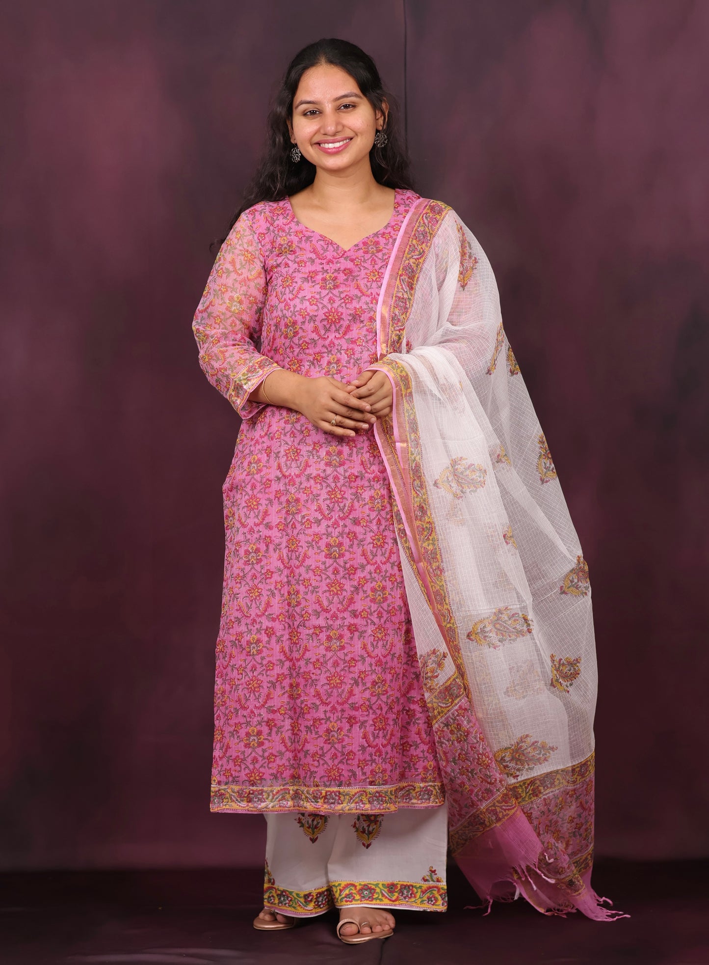 Pink Handblock printed kota 3 piece suit (stitched)