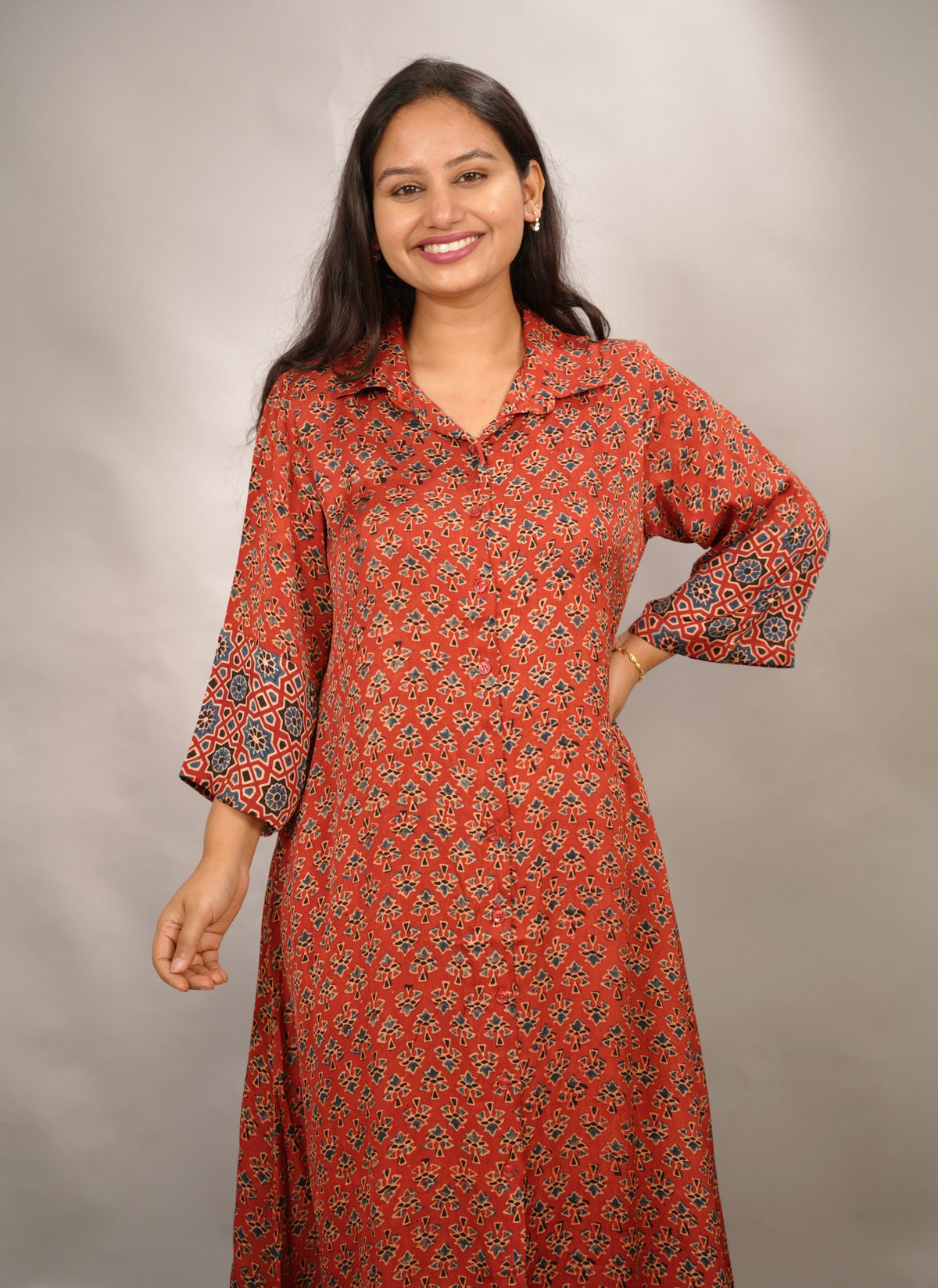 Red Ajrakh Modal Silk Aline Shirt Dress | Looms & Tassels