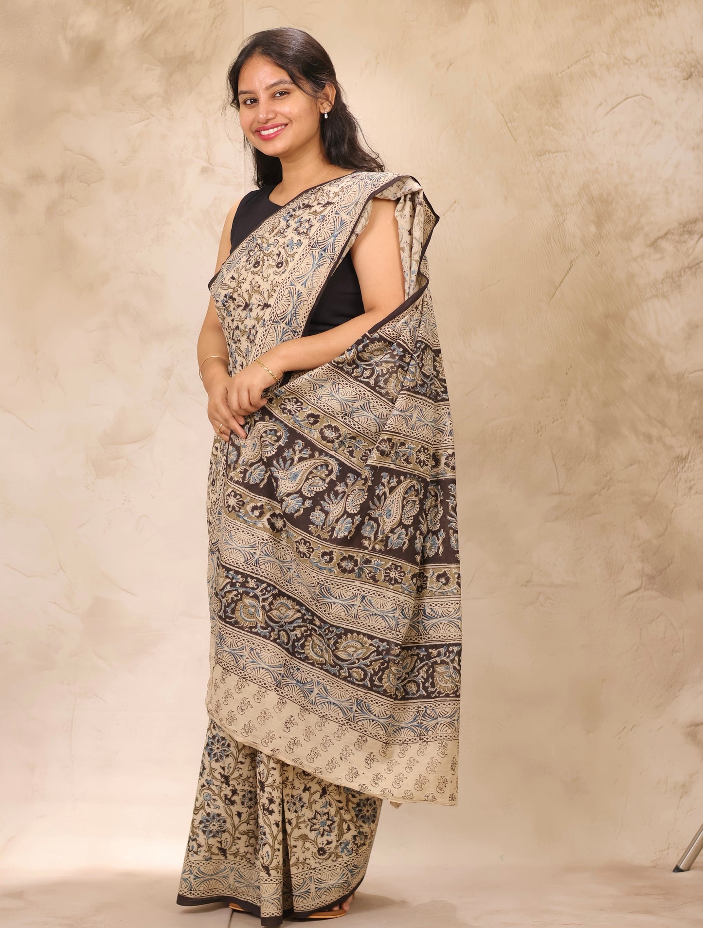 Cream Hand Block Printed Kalamkari Cotton Saree | Looms & Tassels