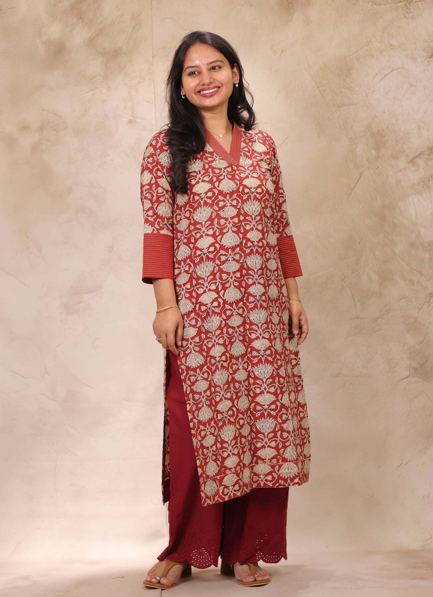 Rust Pure Bagru Mul Cotton Straight Cut Kurta | Looms & Tassels