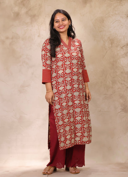 Rust Pure Bagru Mul Cotton Straight Cut Kurta | Looms & Tassels