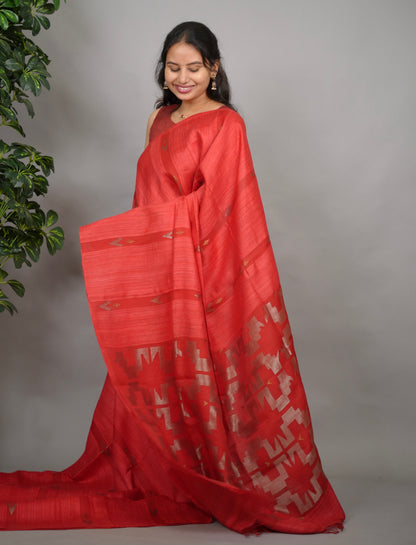 Red Handloom Jamdhani Pure Matka Silk Saree with Muslin Silk Pallu