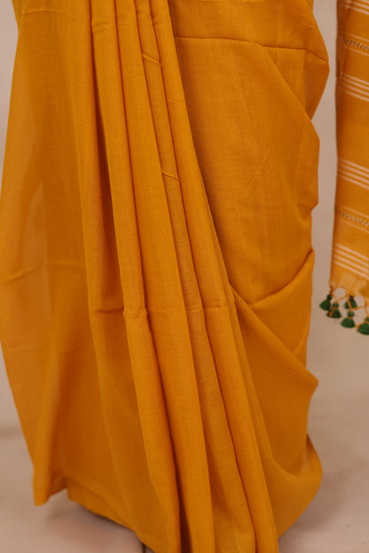 Mustard Malai Cotton Saree with Butta Weaving | Looms & Tassels