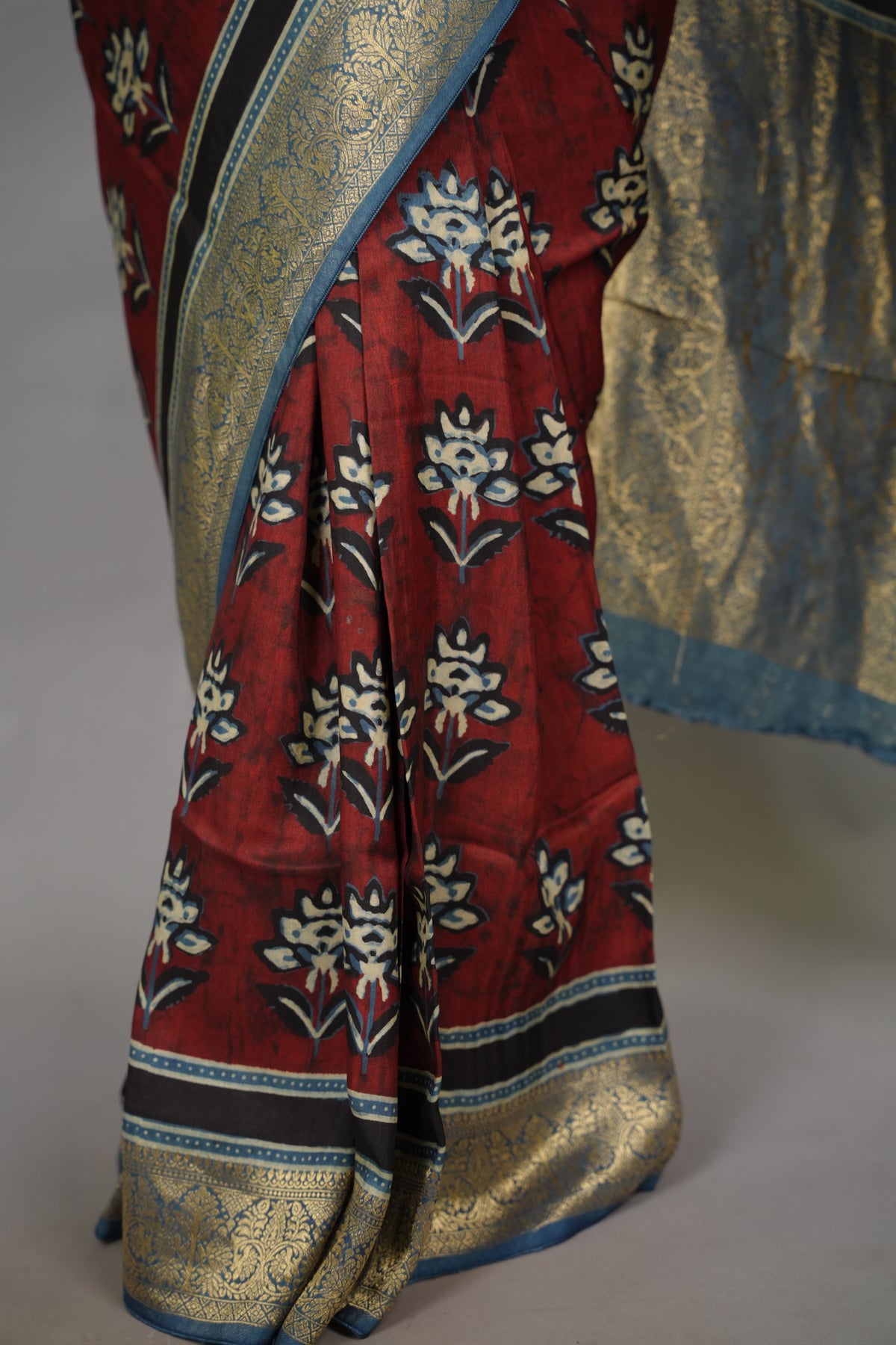 Ajrakh Dola Silk Saree - Brick Red | Looms & Tassels