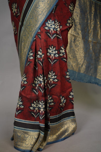 Ajrakh Dola Silk Saree - Brick Red | Looms & Tassels