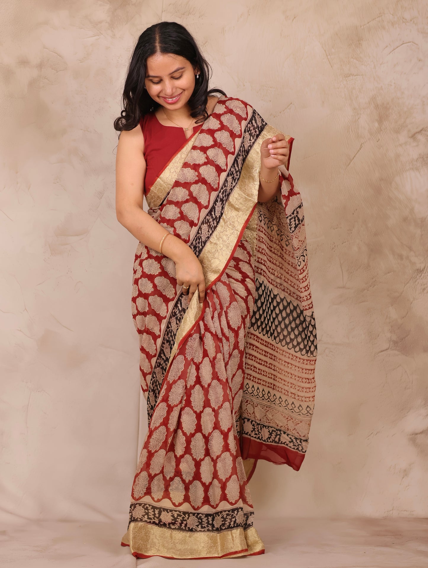 Maroon Chiffon Hand Block Printed Saree with Jari Border | Looms & Tassels