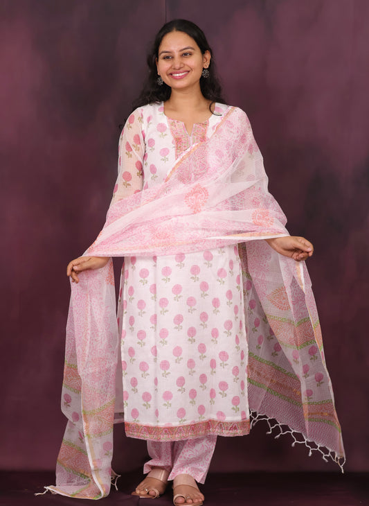 White Handblock printed kota 3 piece suit (stitched)