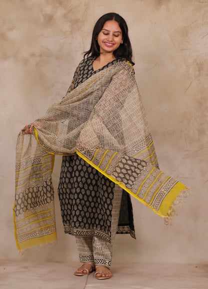 Black Handblock printed kota 3 piece suit (stitched)