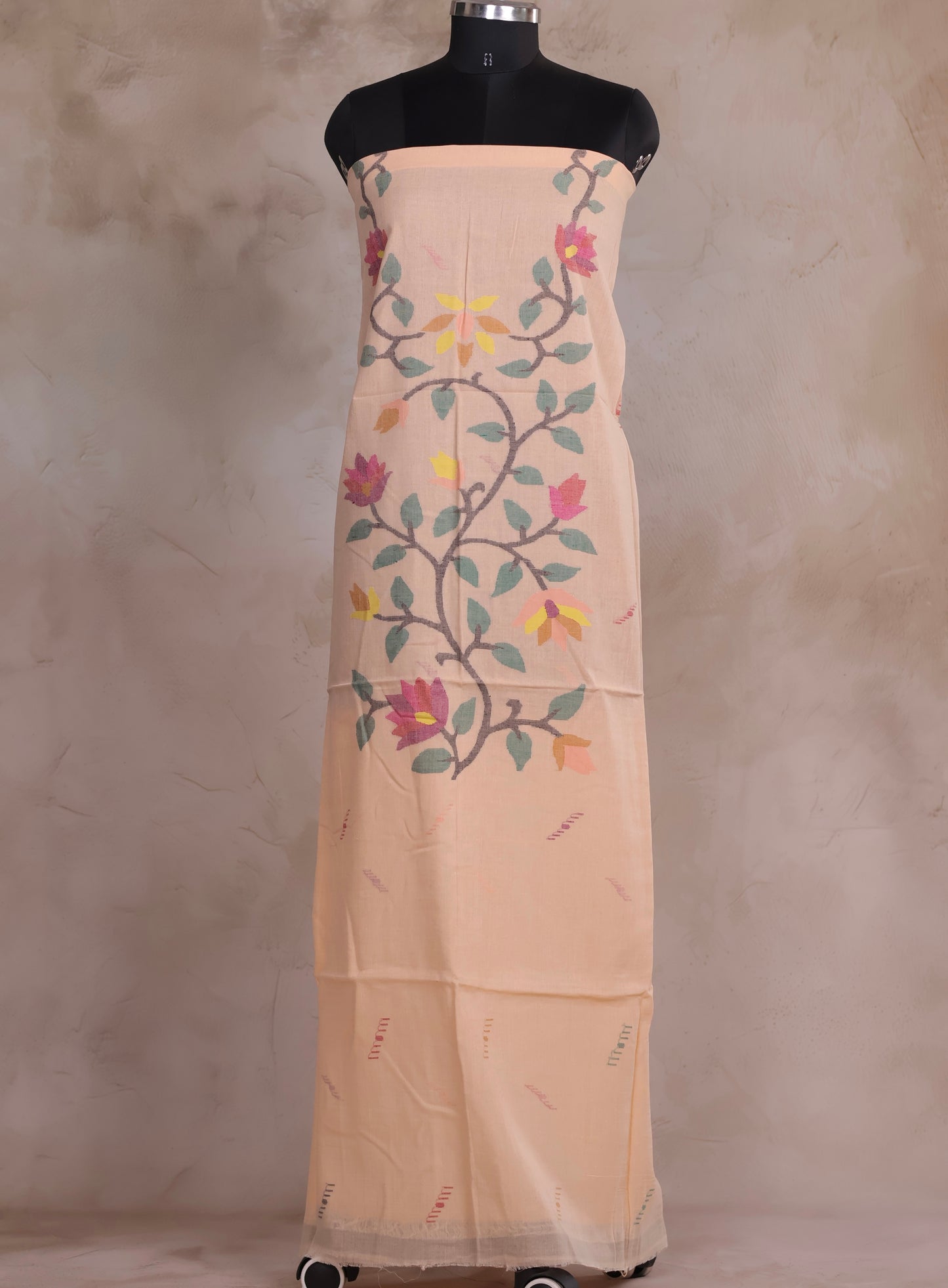 Pastel Peach Handwoven Jamdhani weaving pure Malai cotton 2 piece suit sets | Looms & Tassels