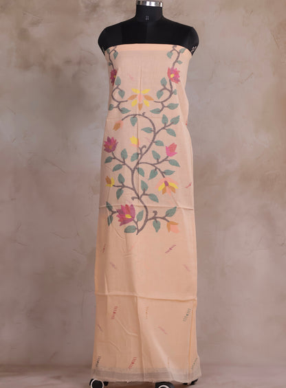 Pastel Peach Handwoven Jamdhani weaving pure Malai cotton 2 piece suit sets | Looms & Tassels