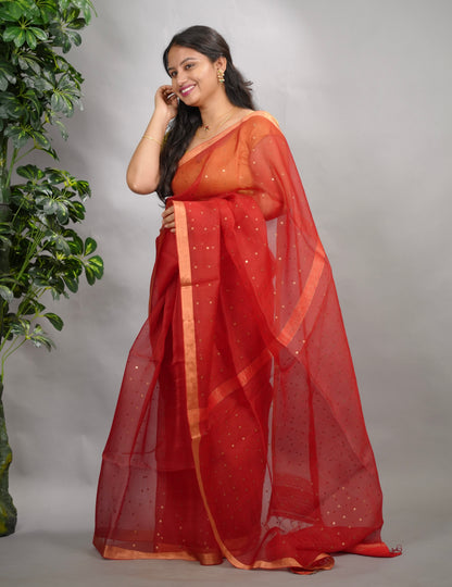 Red Handwoven Muslin Silk Saree With Sequence Work | Looms & Tassels