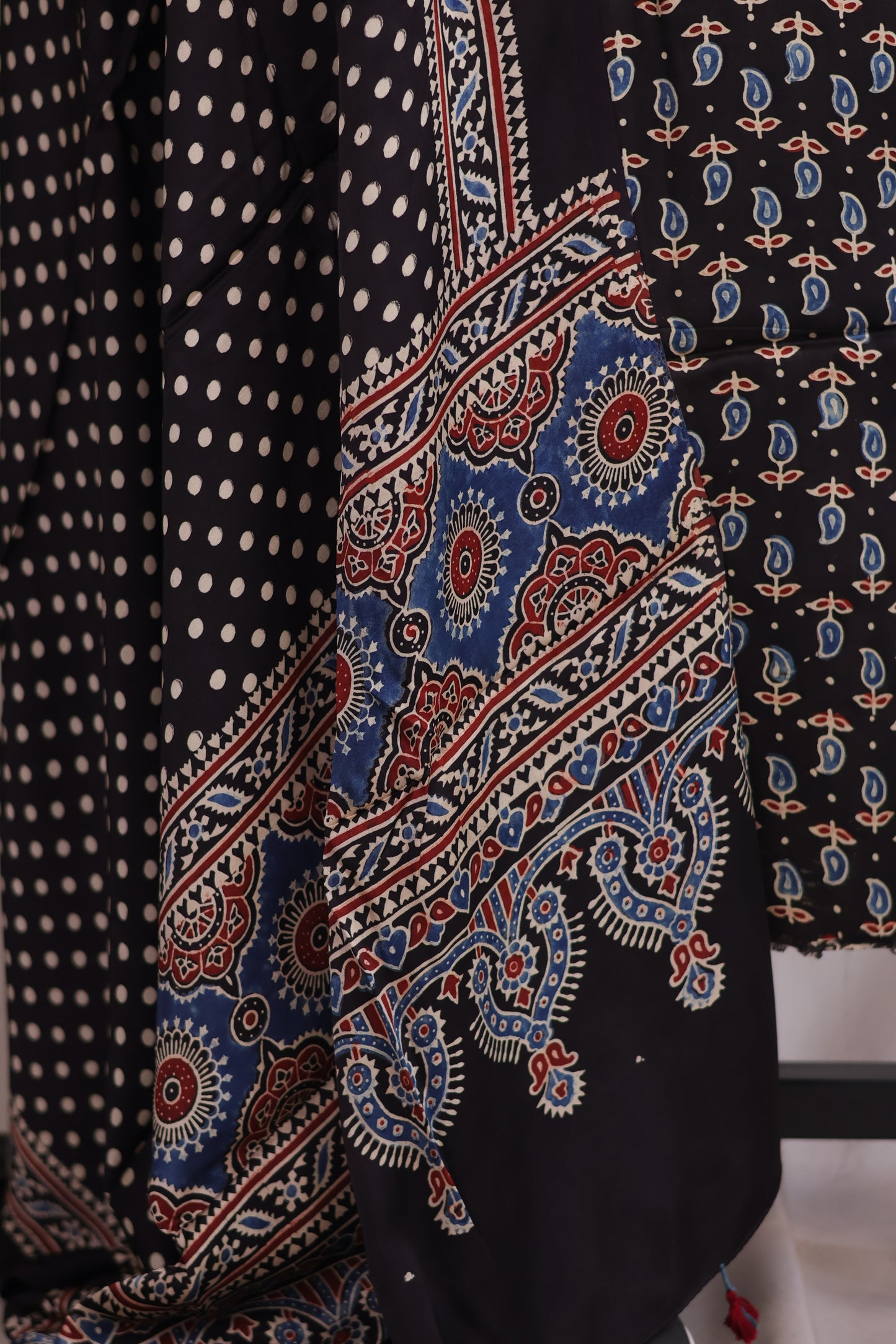 Black Mango Motifs Ajrakh Handblock Printed Modal Silk 2 Piece Suit Set | Looms & Tassels