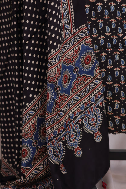 Black Mango Motifs Ajrakh Handblock Printed Modal Silk 2 Piece Suit Set | Looms & Tassels