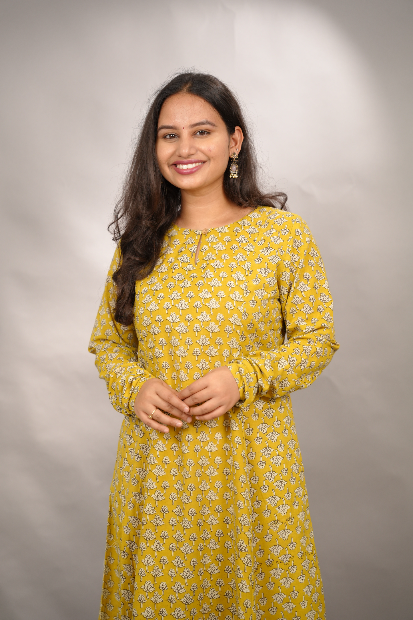 Mustard Pure Mul Cotton Kali Kurta with Chudi Sleeves | Looms & Tassels