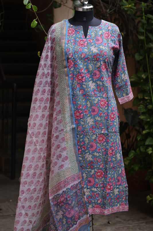 Blue Handblock printed Pure Mul Cotton with Kota Doria Duppata 3 piece suit (stitched)