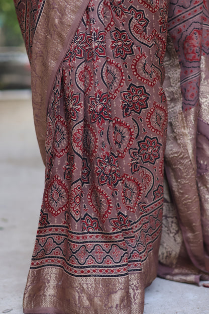 Traditional Badam Butta Ajrakh Handblock Printed Dola Silk Saree