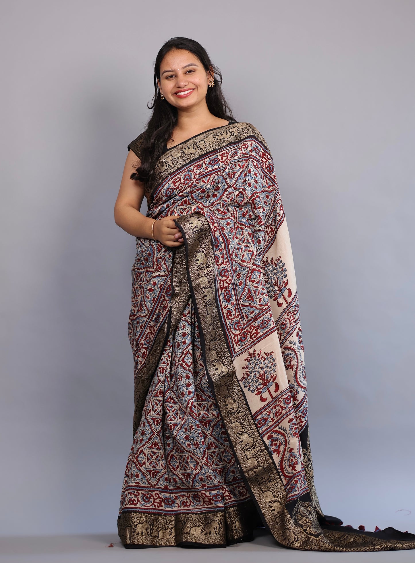 Cream Geometrical & Floral Ajrakh Motifs Handblock printed Dola Silk Saree | Looms & Tassels