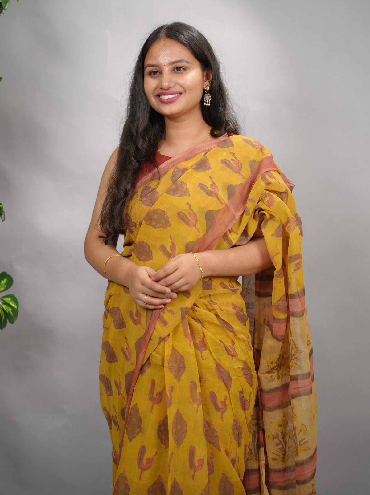 Mustard & Peach Chiffon Hand Block Printed Saree | Looms & Tassels