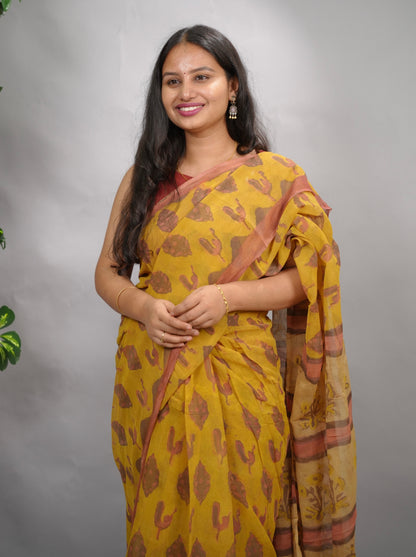 Mustard & Peach Chiffon Hand Block Printed Saree | Looms & Tassels