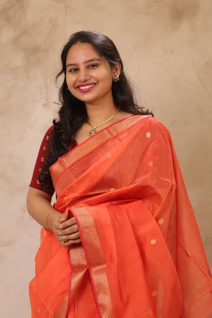Pastel Orange Handloom Maheswari Silk Cotton Sarees | Looms & Tassels