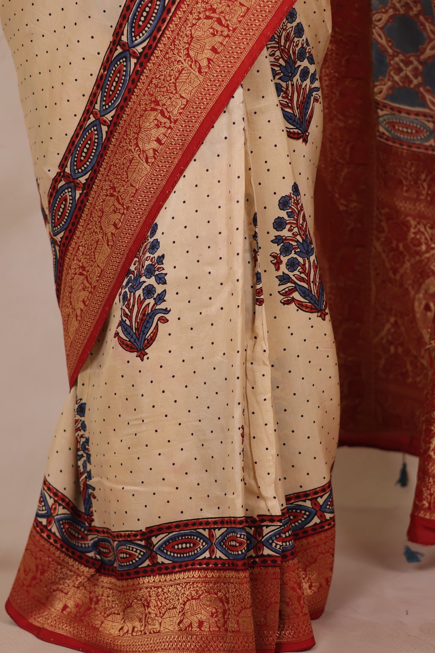 Cream Dotted Floral Ajrakh Handblock printed Dola Silk Saree | Looms & Tassels