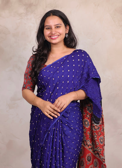 Royal Blue Hand Knotted Bandhej Modal Silk Saree with Ajrakh Pallu | Looms & Tassels
