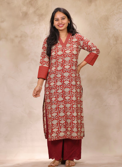Rust Pure Bagru Mul Cotton Straight Cut Kurta | Looms & Tassels