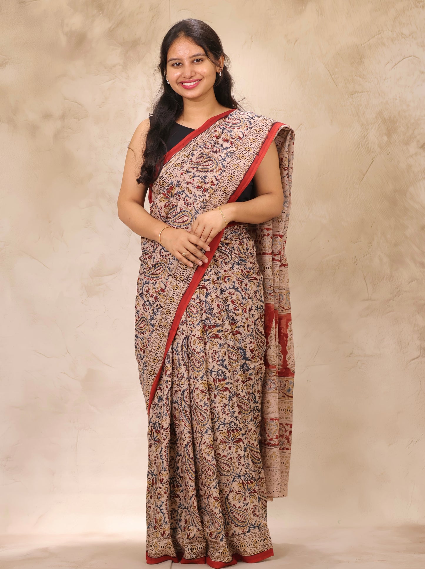 Cream Hand Block Printed Kalamkari Cotton Saree | Looms & Tassels