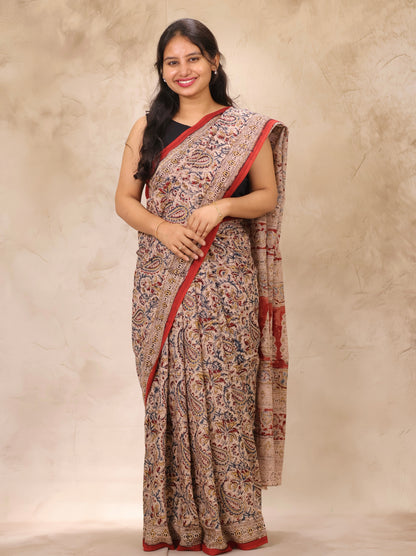 Cream Hand Block Printed Kalamkari Cotton Saree | Looms & Tassels