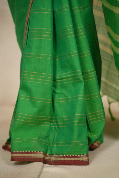 Parrot Green Narayanpet Cotton Saree lines weaving | Looms & Tassels
