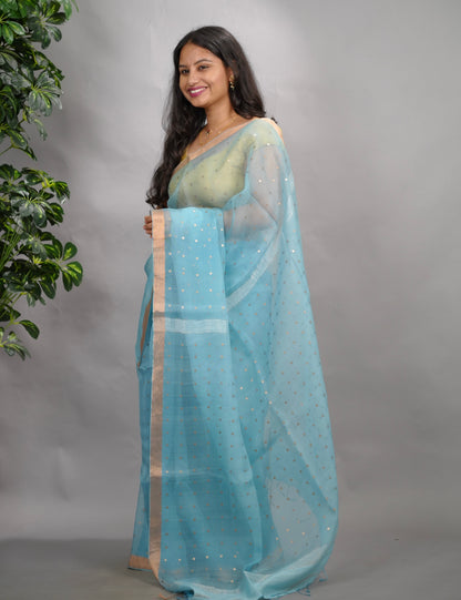 Sky Blue Handwoven Muslin Silk Saree With Sequence Work | Looms & Tassels