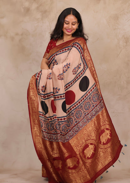 Ajrakh Handblock printed Dola Silk Saree | Looms & Tassels