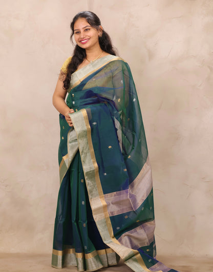 Peacock Blue Handloom Maheswari Silk Cotton Sarees | Looms & Tassels