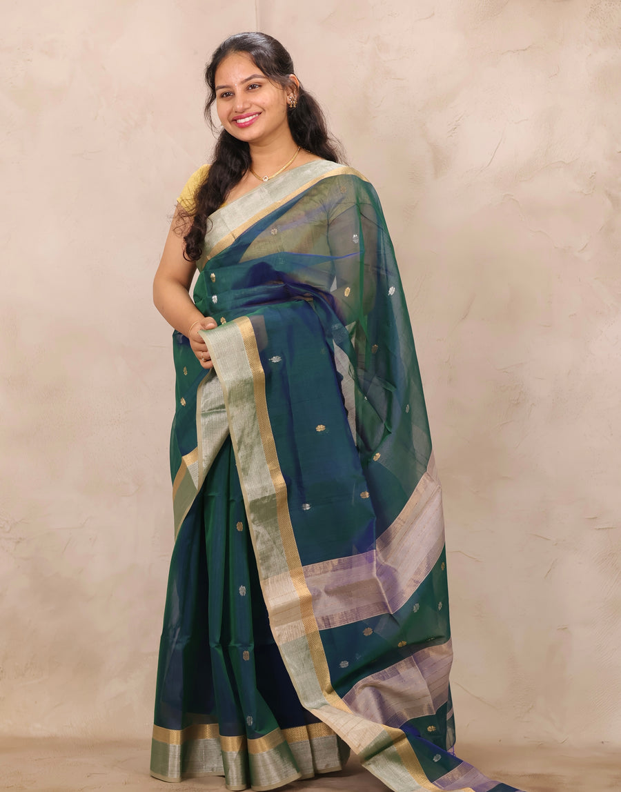Peacock Blue Handloom Maheswari Silk Cotton Sarees | Looms & Tassels