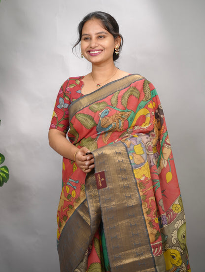 Peach Hand Drawn Pen Kalamkari Bangalore Silk Kanchi Border Saree | Looms & Tassels
