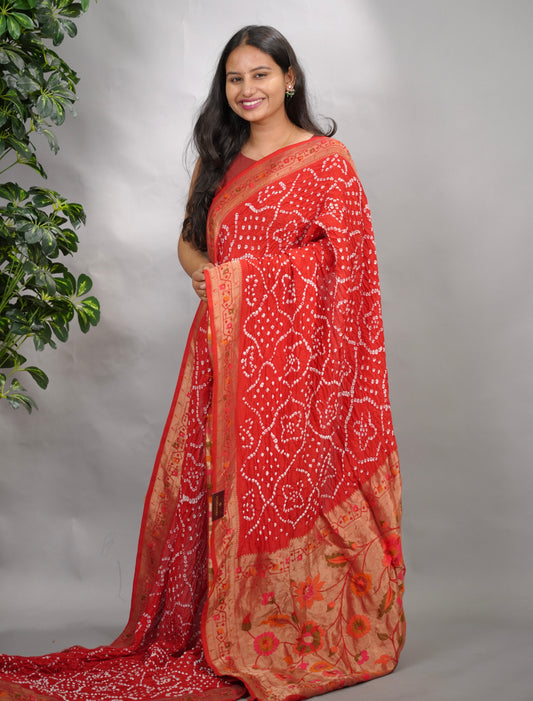Red Handcrafted Pattern Bandhani Paithani Dola Silk Saree | Looms & Tassels