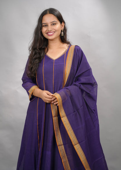 Violet Narayanpet Cotton Anarkali Dress with Narayanpet Dupatta | Looms & Tassels