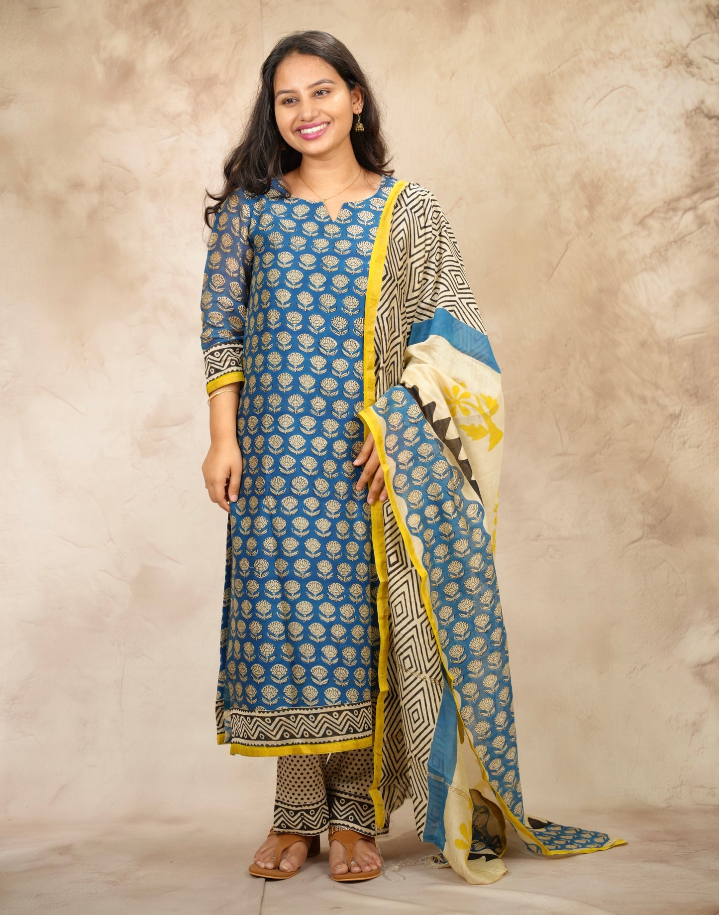 Blue Handblock printed Pure Chenderi Silk 3 piece suit (stitched) |  Looms & Tassels