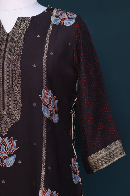 Black Handblock printed Ajrakh dola silk 2 piece suit (stitch